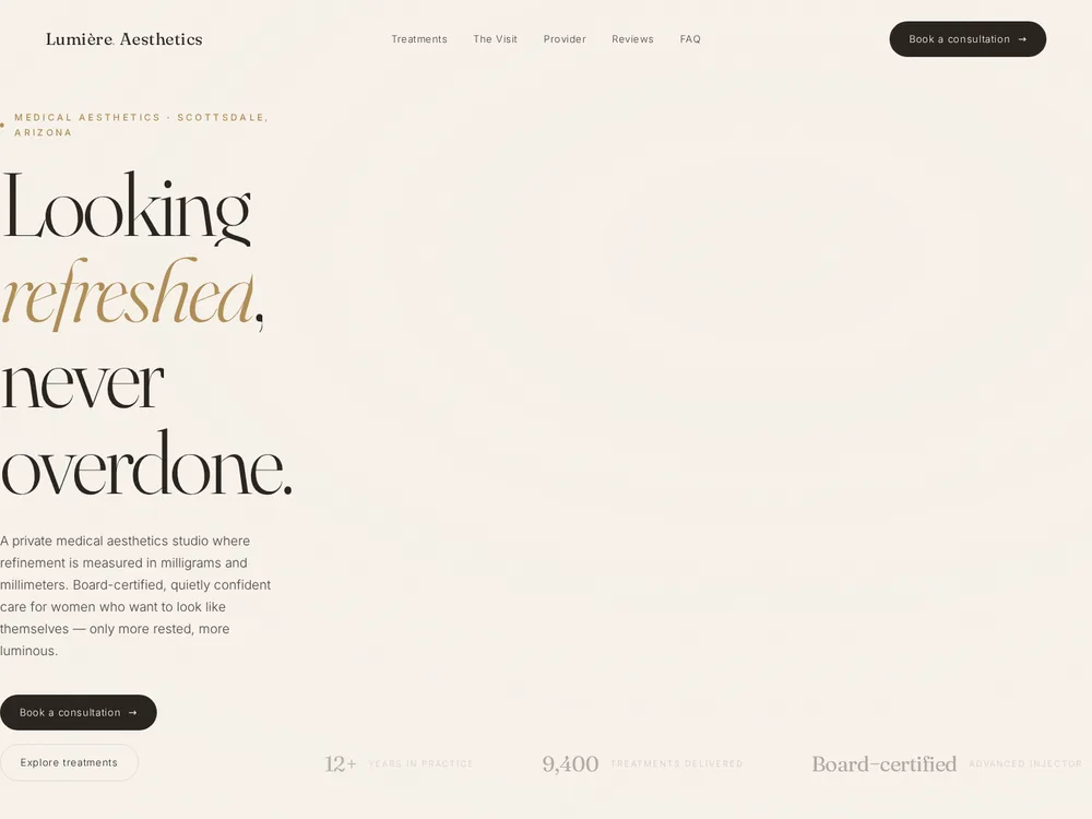 Skin & laser studio — Dark, refined, treatment-menu led
