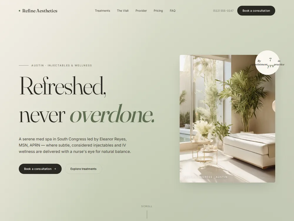 Injectables & wellness — Serene, soft, booking-first
